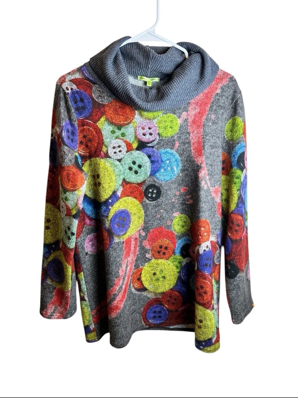 Trisha Tyler Novelty Button Print Cowl Neck Sweater Gray Quirky Art To Wear L